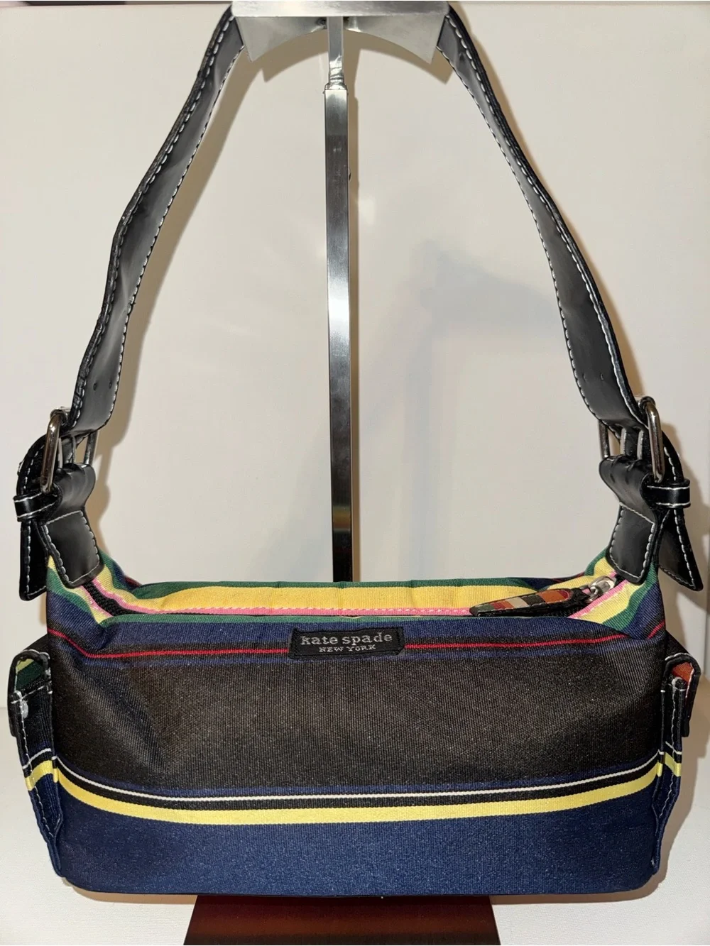Vintage Kate Spade Striped Nylon Patent Leather Baguette Shoulder Bag Y2K